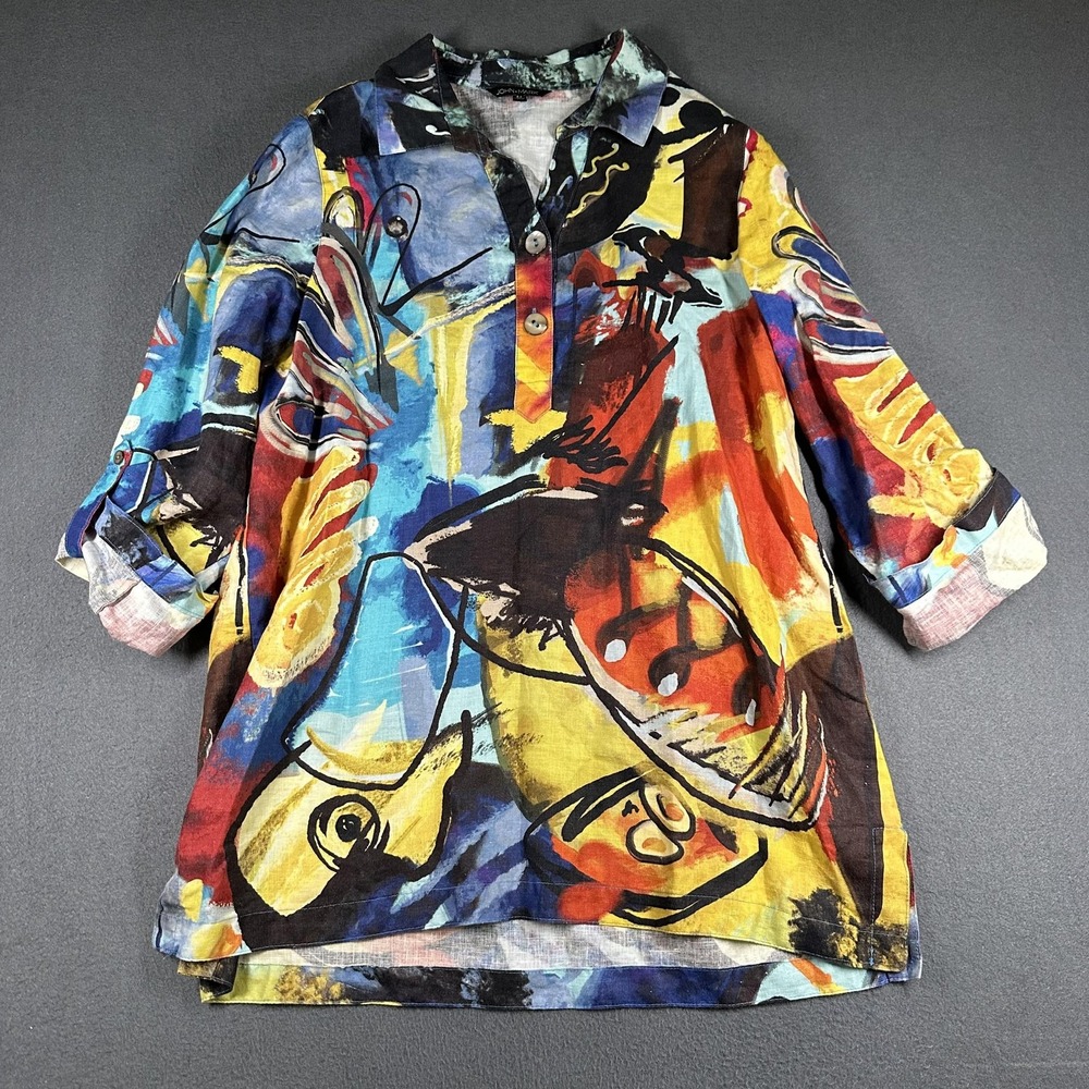 John‎ Mark Blouse Womens Medium Multicolor Linen Abstract Art 3/4 Sleeve Tunic